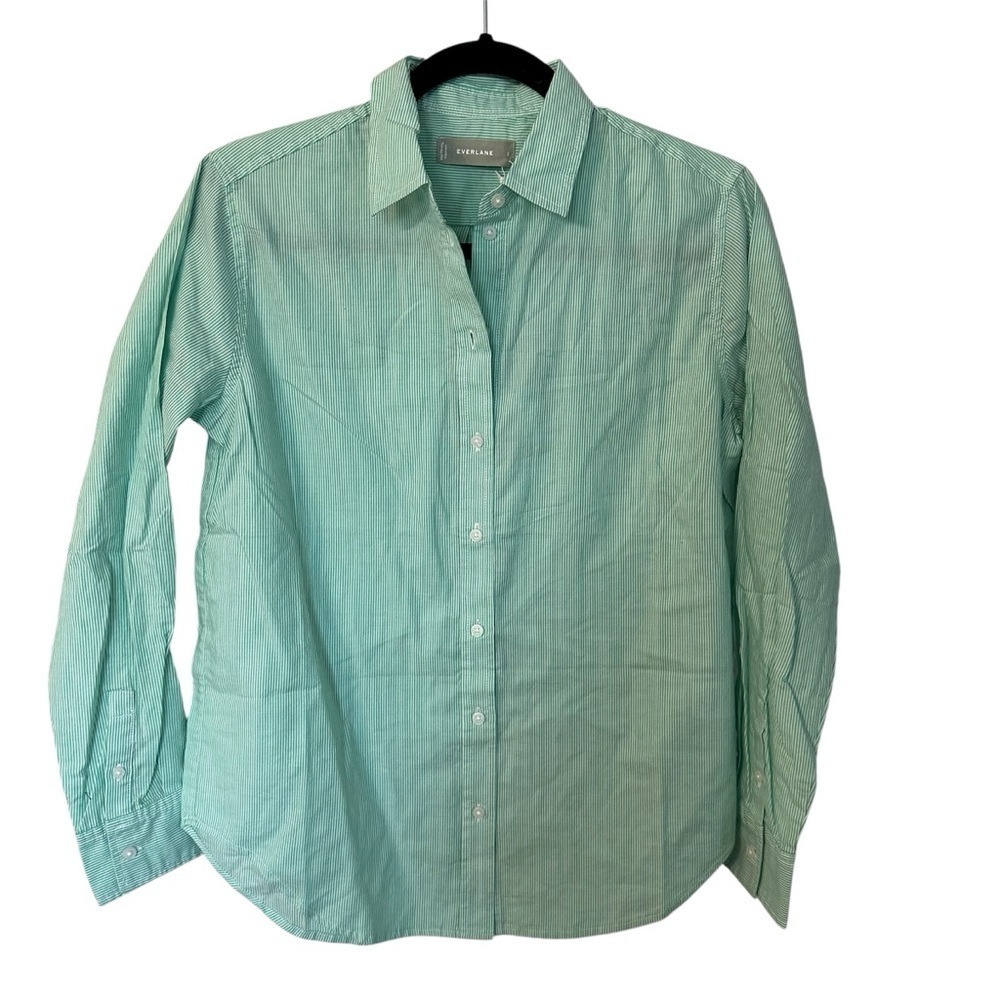 Everlane Women’s Long Sleeve Cotton Mint Green & White Stripe Button Up Sz 0 NWT